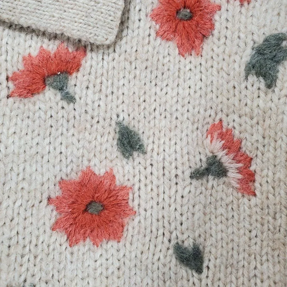 L Ann Taylor Denim Wool Blend Cardigan Sweater Collar Button Floral Embroidered